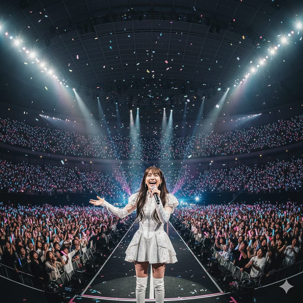 紅白出場経験のあるトップ声優アーティストのライブステージ。事務所の「顔」として貢献した実績と、独立のインパクトの大きさを表現