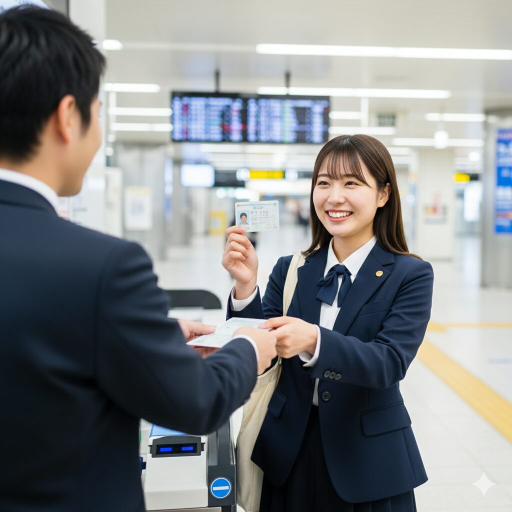 認可専門学校の特典である通学定期の学割を利用して駅の窓口で手続きをする日本人学生