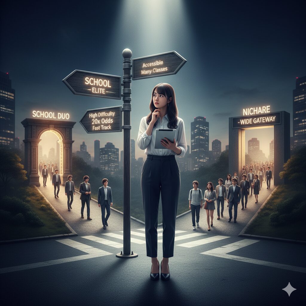 声優養成所として、スクールデュオ（少数精鋭）と日ナレ（間口の広さ）の進路を戦略的に比較検討していることを示す分岐点の図