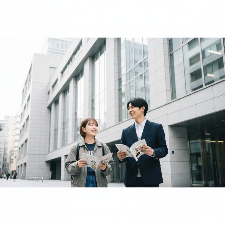 東京アニメーションカレッジ専門学校の進路選びをイメージした、校舎の前で希望に満ちた表情を浮かべる日本人学生の男女