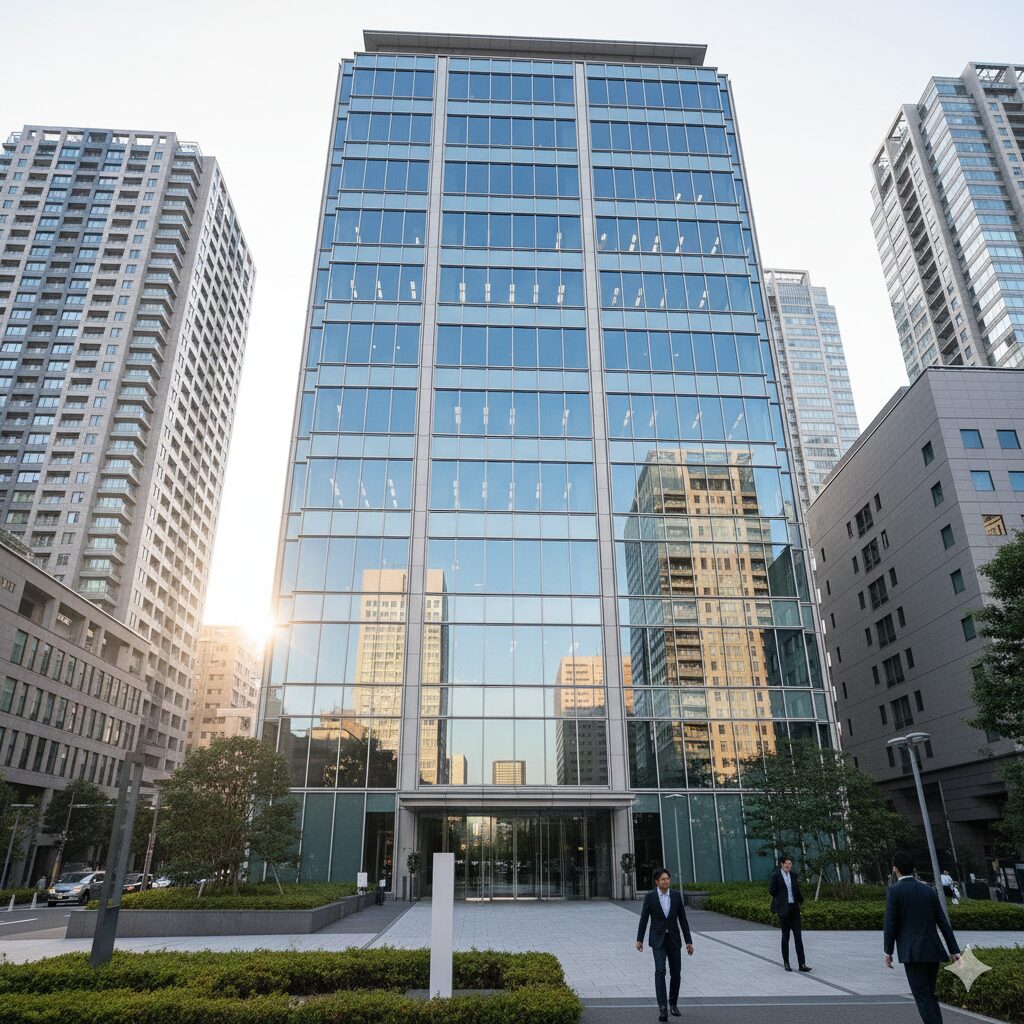 港区赤坂に位置する声優事務所の自社ビル外観。盤石な経営基盤と資産を持つ大手企業としての信頼性を強調