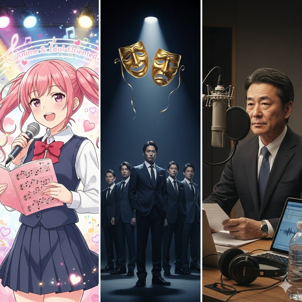 アニメ・アイドル志向、演技派・舞台志向、ナレーション・堅実志向といった、それぞれに特徴を持つ複数の声優事務所のビルやロゴのイメージを配置した進路選択の図