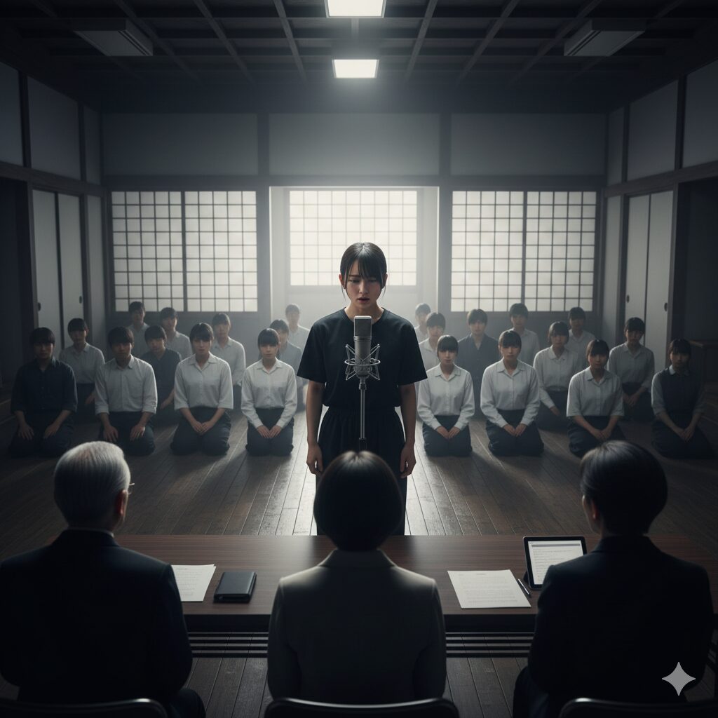 マウスプロモーションの過酷な進級審査において、審査員の前で実力を見せつける日本人候補生