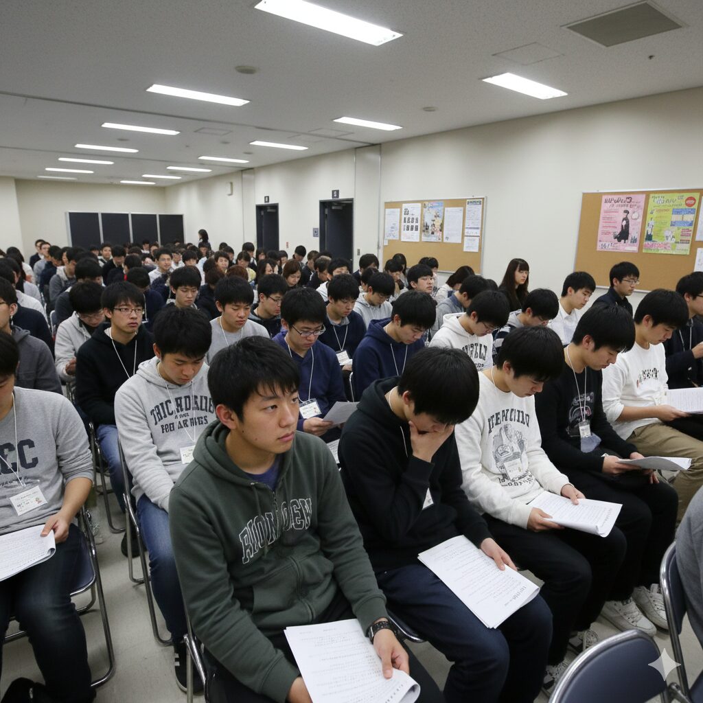 書類選考がなく、大勢の受験者が集まった俳協ボイスのオーディション会場の控え室。緊張した面持ちで自分の出番を待つ若いアジア人たち