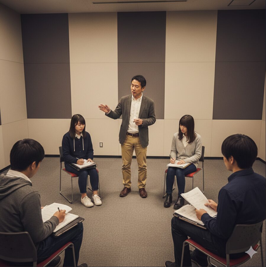 養成所シャインにて、現役の音響ディレクターから直接指導を受ける日本人学生たちの風景