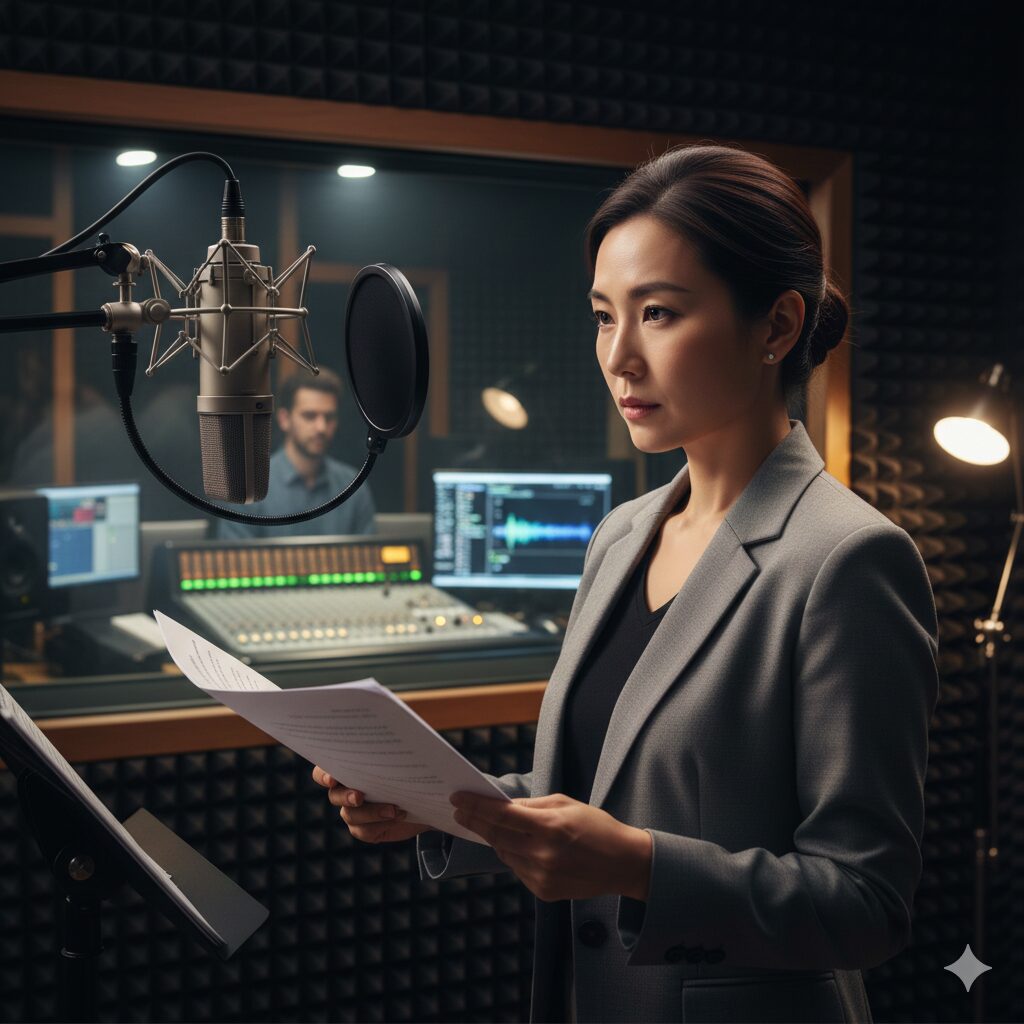 30代の受験者がプロの現場で即戦力として活躍している様子。落ち着いた表情でスタジオのマイクに向かい、ナレーションを収録するアジア人女性