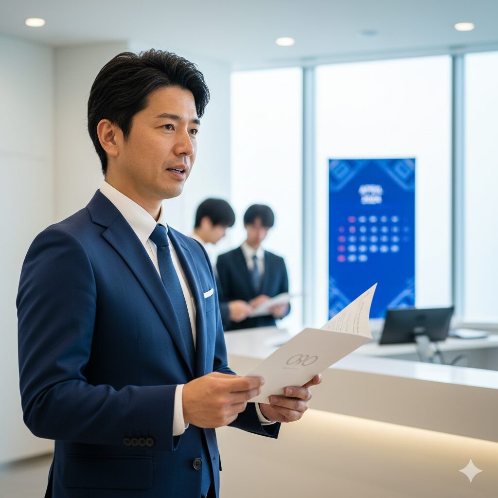 30代と見られるスーツ姿の日本人男性が、声優養成所の入学願書を持ち、未来への希望に満ちた表情をしている様子。再挑戦の機会を象徴