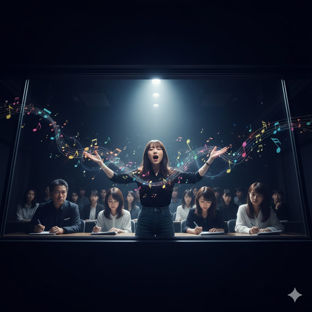 スクールデュオの歌唱審査で求められる、歌のテクニックよりも表現力や身体全体を使った表現を熱心に行うアジア人受験生