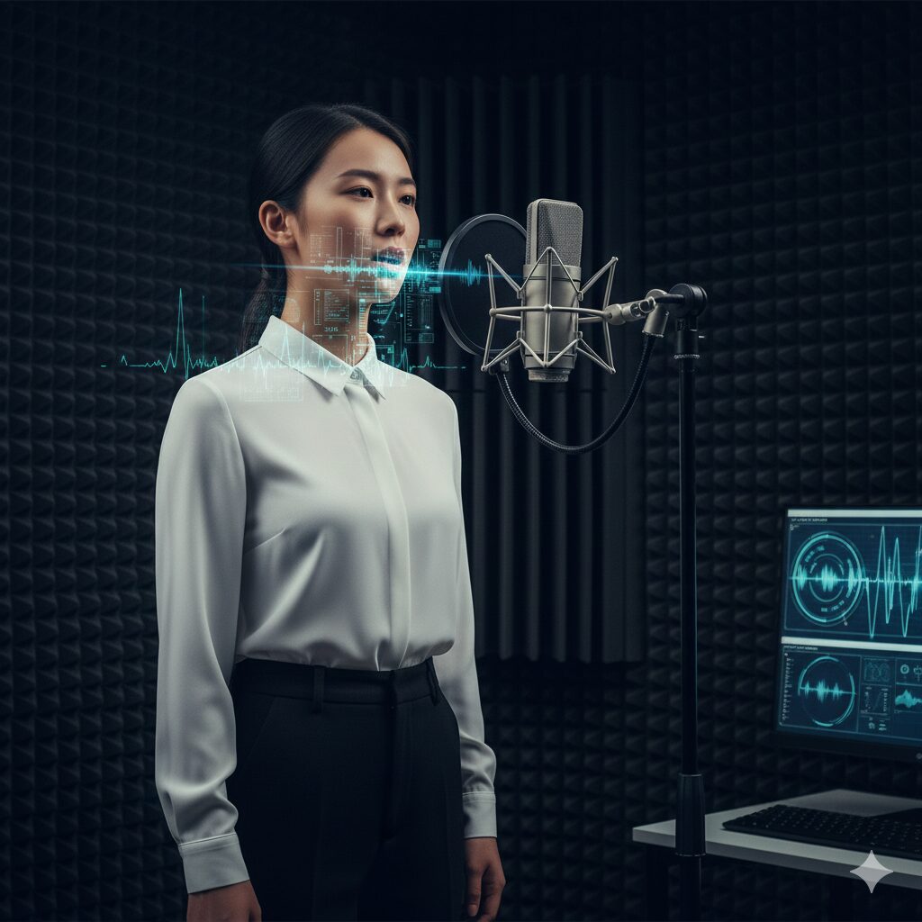 声優の基礎技術である正確な日本語の発音をトレーニングしている様子。防音ブース内でマイクに向かい、発声練習をする若い女性