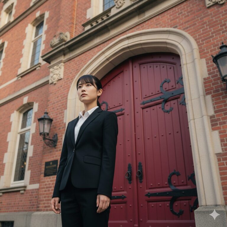 吹き替えの名門としての歴史を持つマウスプロモーションの象徴的な赤い扉の前に立つ日本人声優志望者