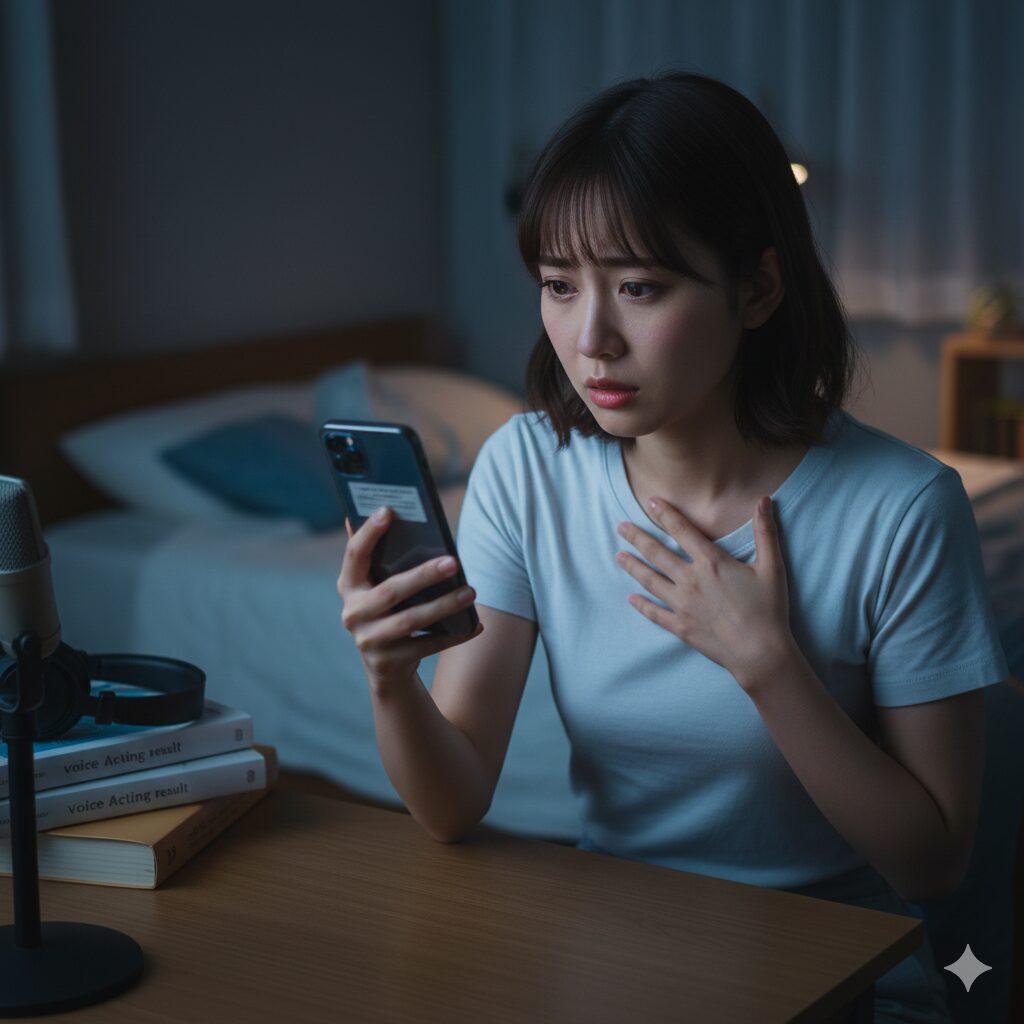 声優養成所のオーディション合否通知をメールで確認している、不安そうな様子の日本人女性