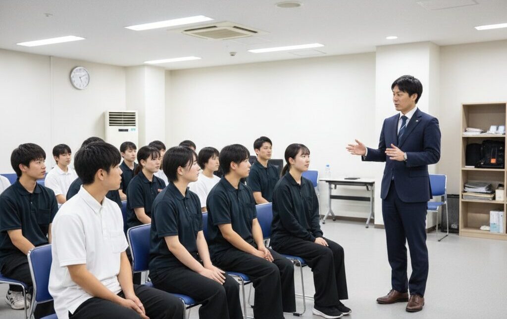 声優養成所の若手練習生と指導者。シグマ・セブンの付属養成所から次世代スターが着実に育成されている様子を表現