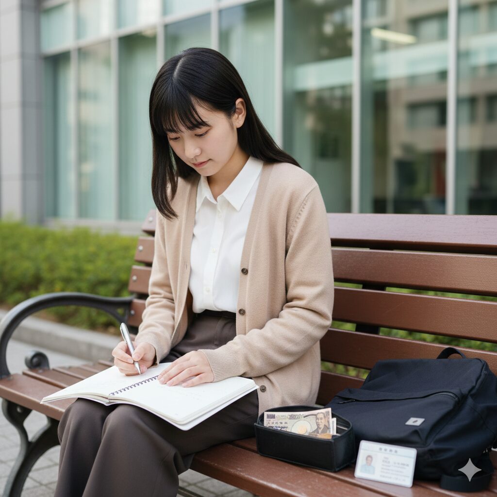 お金を節約しながら声優のレッスンに通う日本人学生。ノートとペン、そして少額の財布が描かれており、経済的負担の軽さを強調