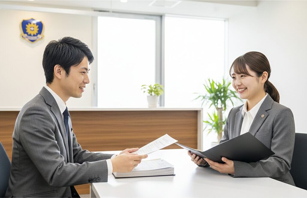 専門学校の窓口で入学金免除や奨学金制度について説明を受け、安心した表情を見せる日本人学生