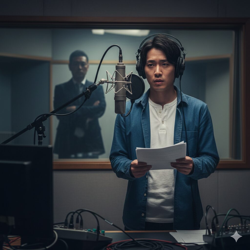 アフレコスタジオのマイク前に立つ、緊張した面持ちの日本人若手声優の卵。その後ろにはディレクターらしき人物のシルエット