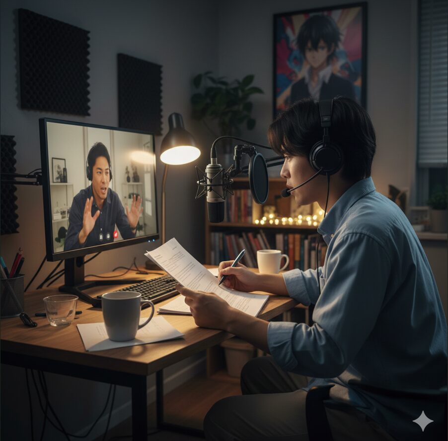 自宅からパソコンの画面を通じて、遠隔地の講師による熱心なオンライン声優レッスンを受講する日本人の若者
