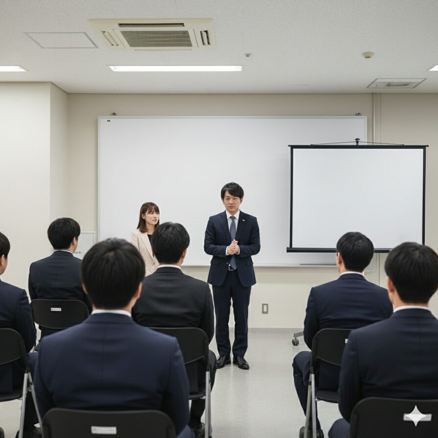 事務所の審査員が並ぶ前で、緊張感を持ちながらも堂々と自己PRとセリフを披露する声優オーディションの風景