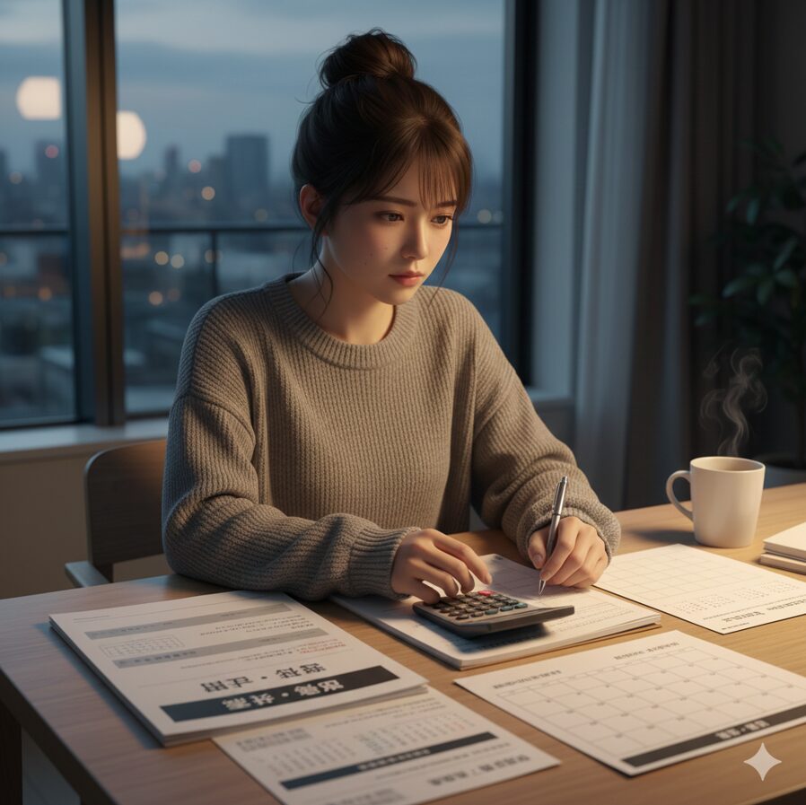 将来への投資を検討する際に、学費の資料やスケジュール帳を広げて真剣にキャリアプランを練る若い日本人女性