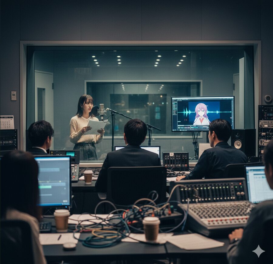 併設された制作スタジオで、プロの現場スタッフと共に収録作業に臨む新人声優。現場主義の教育環境をイメージ