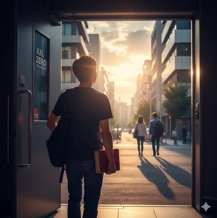 レッスン終了後、充実感に満ちた表情で養成所の出口から一歩踏み出す日本人の声優志望者の背中