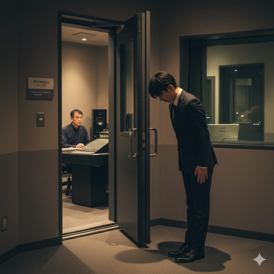 録音スタジオの入り口で、礼儀正しくお辞儀をして挨拶をする日本人の若手声優志望者