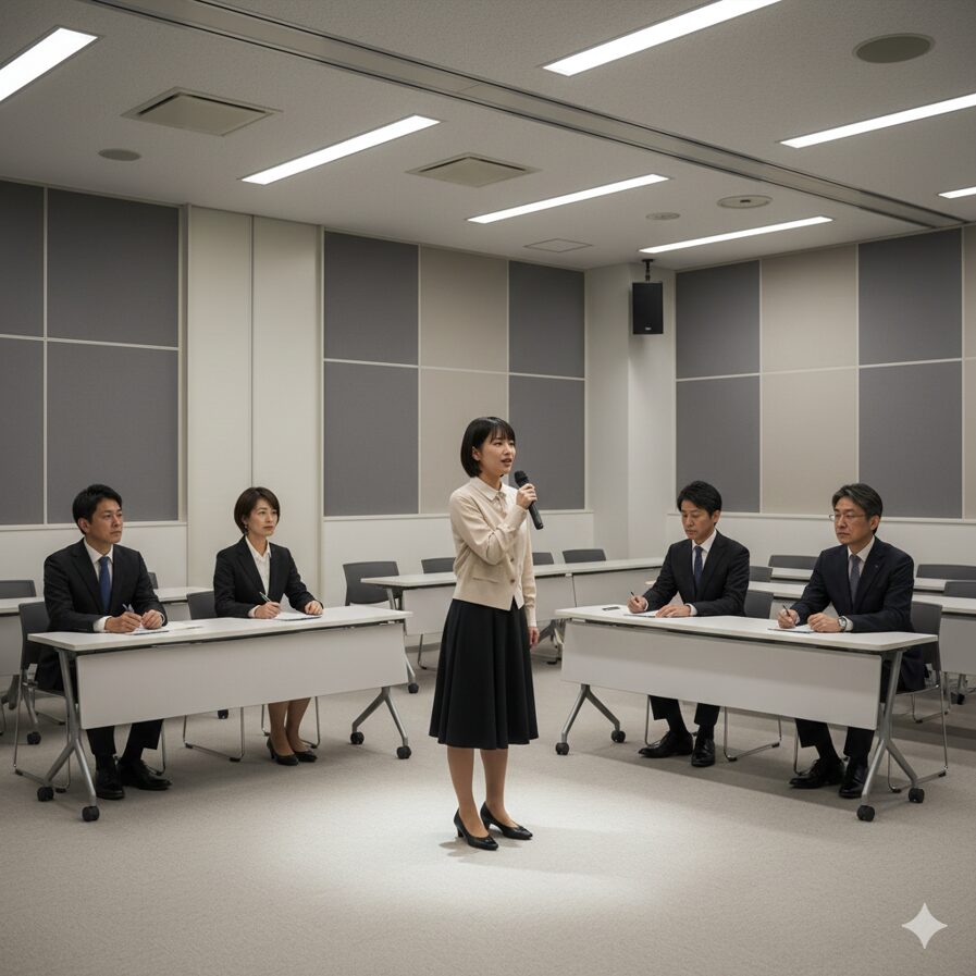 学費免除のチャンスがある特待生オーディションで、審査員の前で演技を披露する受験生の様子