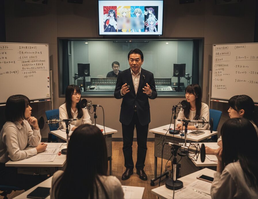 真剣な表情で指導を行う日本人男性講師と、緊張感を持って耳を傾ける声優志望の日本人学生たちのレッスン風景