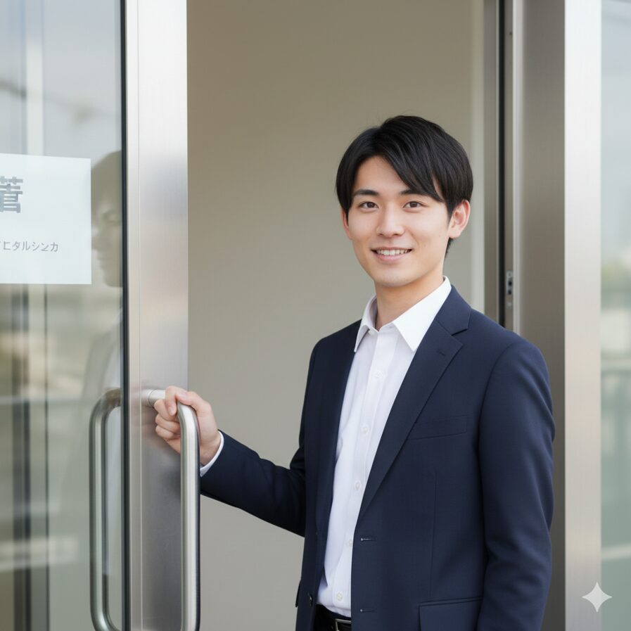 未来への希望に満ちた表情で養成所の門を叩き、夢に向かって一歩を踏み出す爽やかな日本人志望者のポートレート