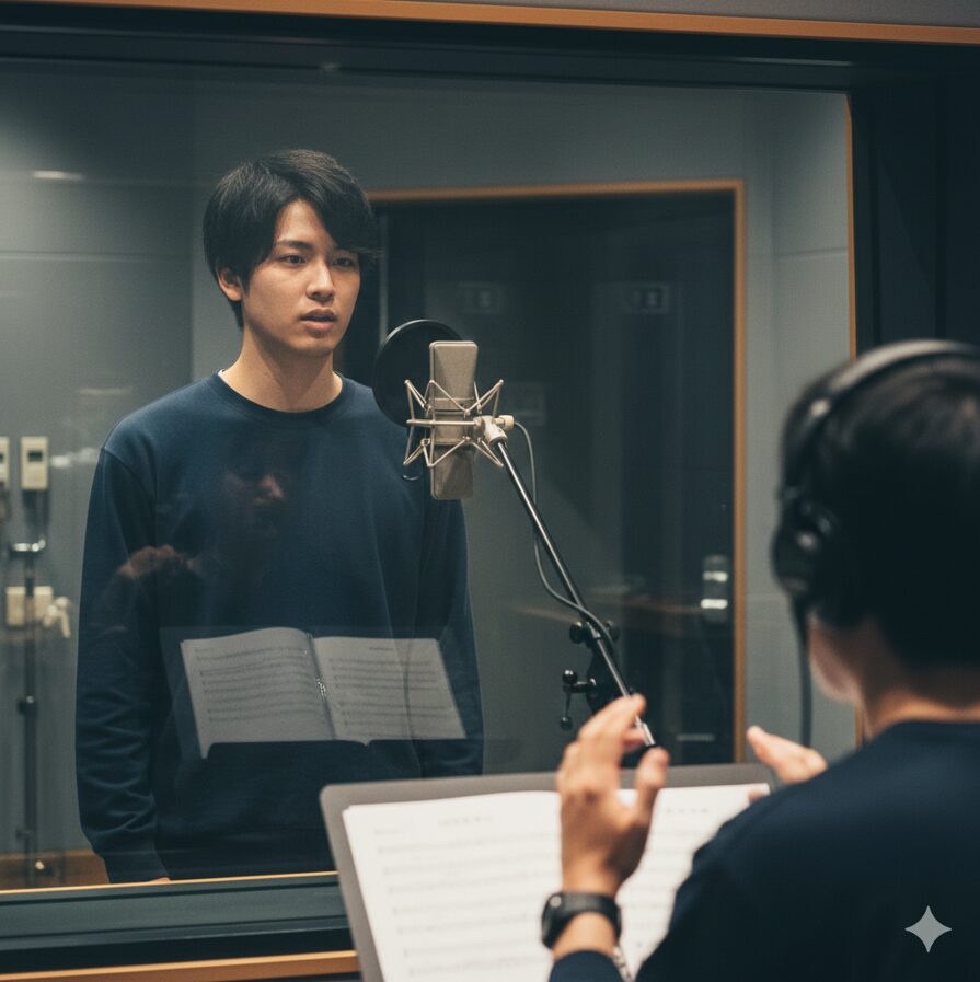 アフレコマイクの前に立ち、音を出さずに真剣な表情でディレクターの指示を視覚的に受け止める日本人生徒