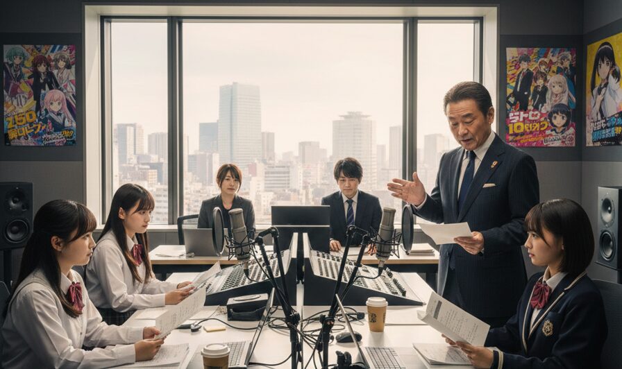 声優養成所のスタジオで、現役のプロ声優講師からマイク前での演技指導を真剣に受ける日本人受講生たちの様子