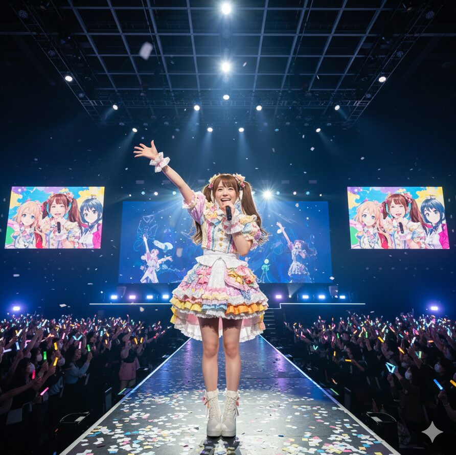 華やかなステージ衣装を身にまとい、スポットライトを浴びて笑顔でパフォーマンスをする日本人の女性声優