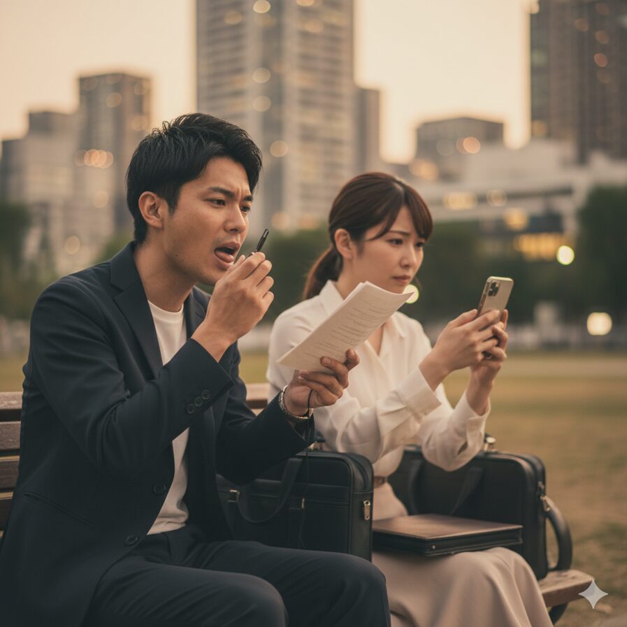 30代から声優を目指してアトミックモンキー養成所に挑戦する社会人の日本人志望者のイメージ