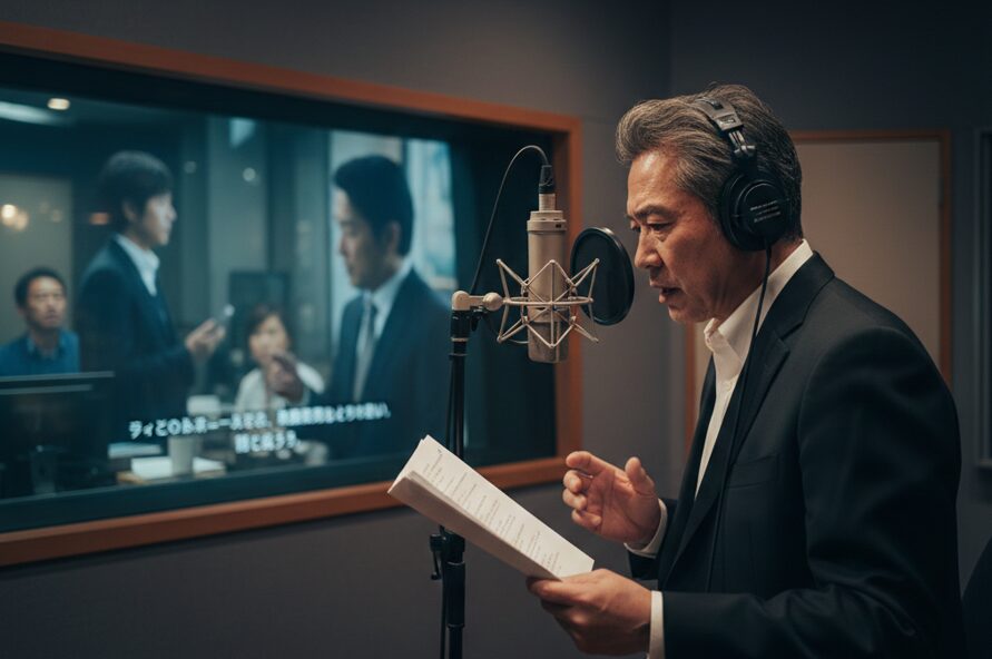 外画吹き替えの現場で圧倒的な演技力を発揮する日本人ベテラン声優の収録シーン