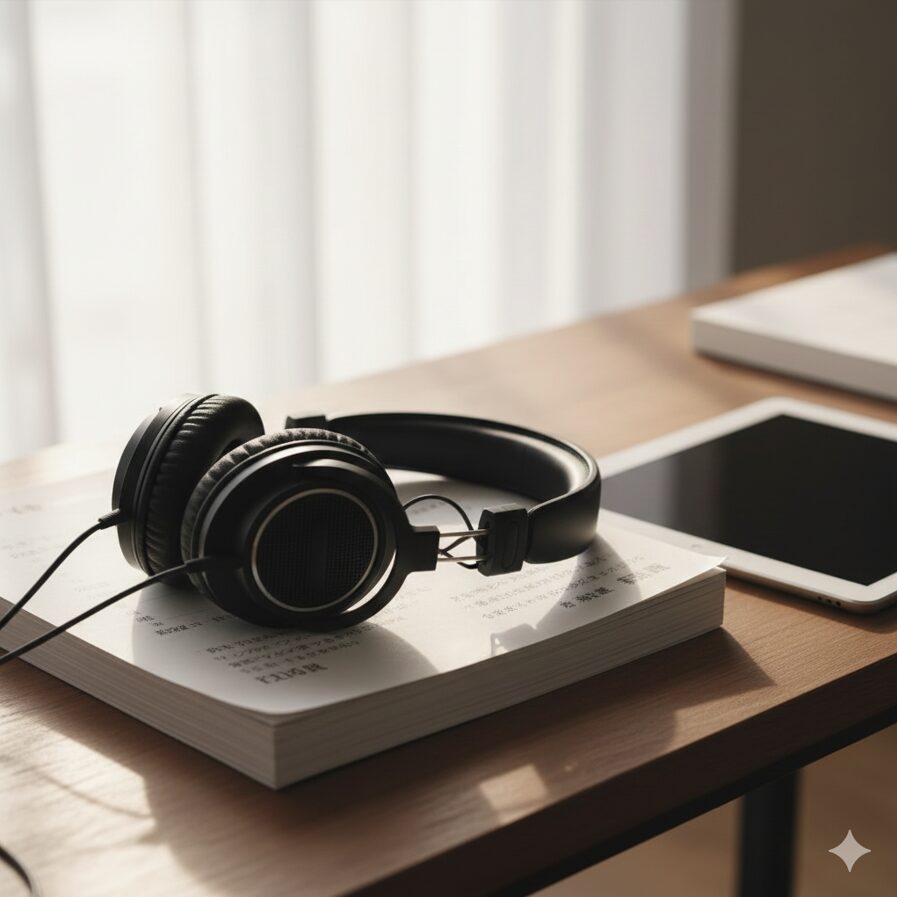 声優の授業で使用されるプロ仕様の台本とヘッドフォンのイメージ。教材費や実習費の投資対象を表現