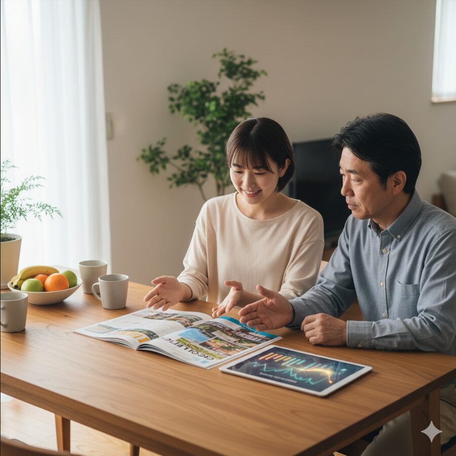 学費の支払いや将来の計画について、家族で前向きに話し合っている日本の家庭の様子