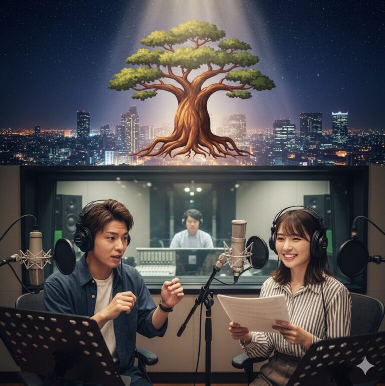 ぷろだくしょんバオバブを象徴する大きな木と、アフレコスタジオで収録に臨む日本人声優のイメージ画像