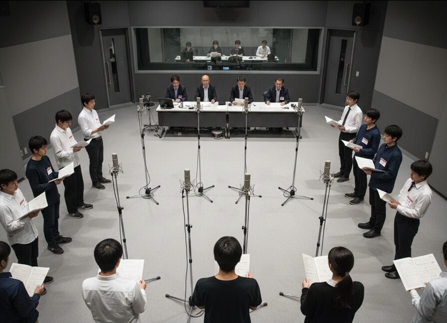 アトミックモンキー声優・演技研究所で行われる年6回の厳しい事務所審査・録音審査のイメージ