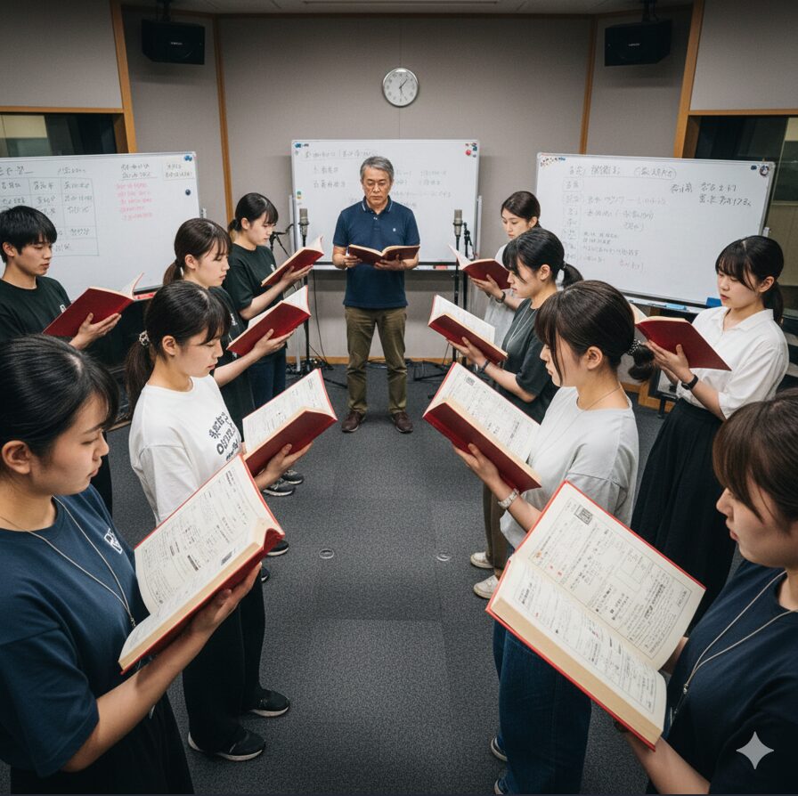 赤い表紙のテキストを手に、腹式呼吸や発声の基礎トレーニングに集中して取り組む日本人の男女