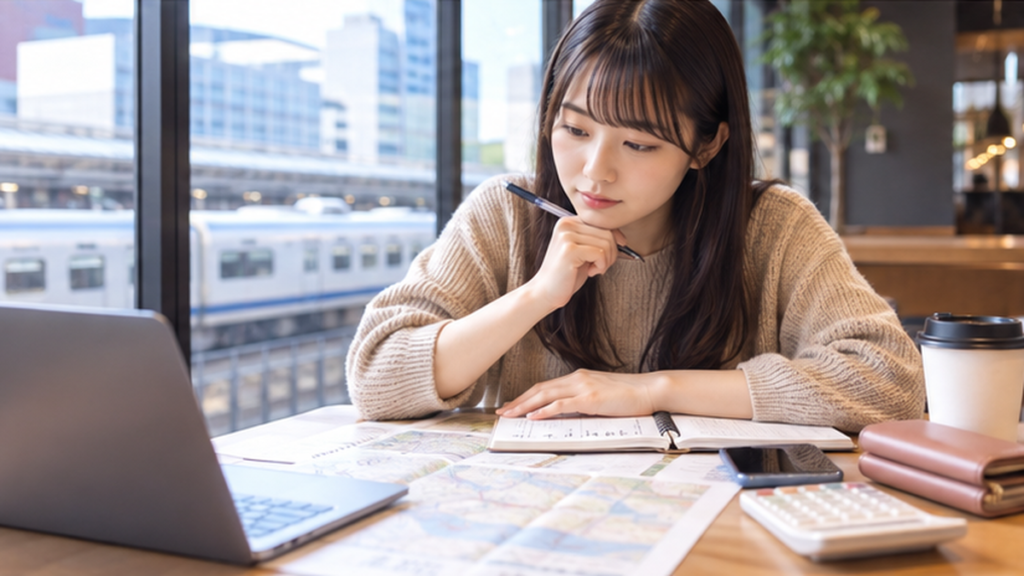 福岡の声優養成所への通学経路や交通費を検討する日本人女性
