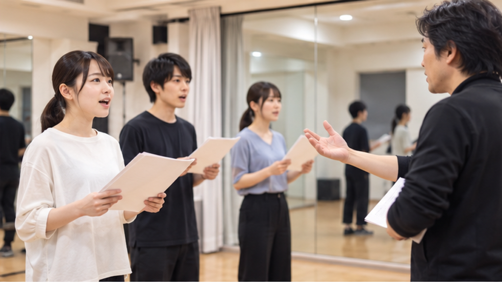 講師の指導を受けながら台本を使って演技練習をする日本人の声優志望者