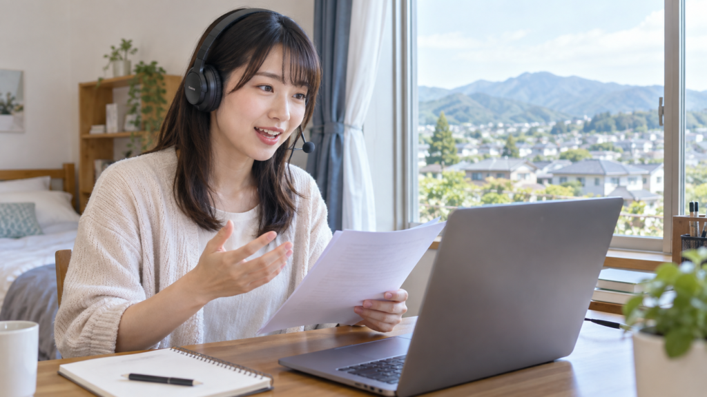 群馬の自宅からオンラインで声優レッスンを受ける日本人女性