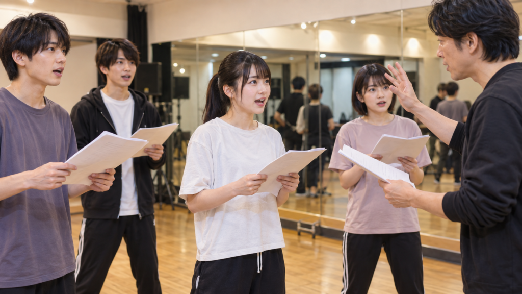 講師の指導を受けながら台本で演技練習をする日本人の声優志望者