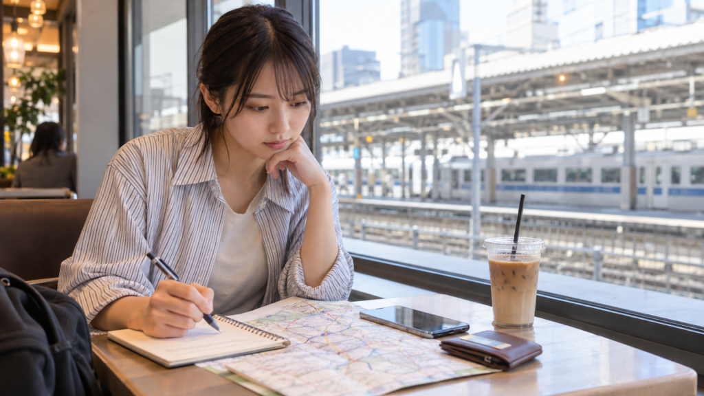 群馬から声優養成所へ通う交通費と通学経路を検討する日本人女性