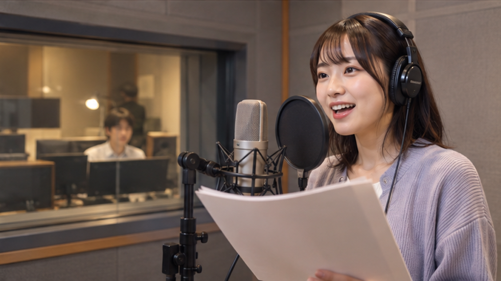 録音スタジオで台本を読みながらマイクに向かって演技する日本人女性声優