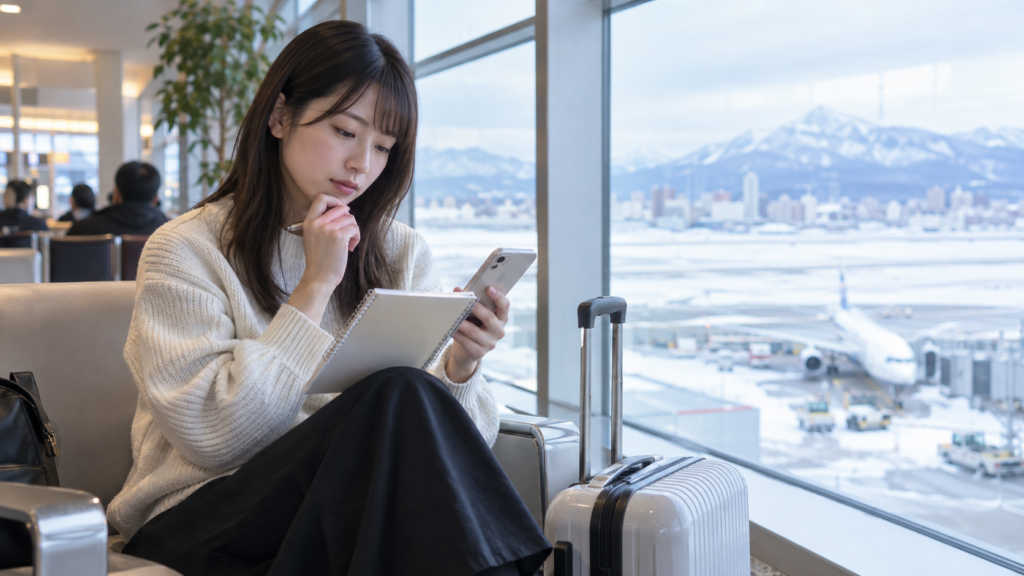 札幌から道外の声優審査へ向かう準備をする日本人女性