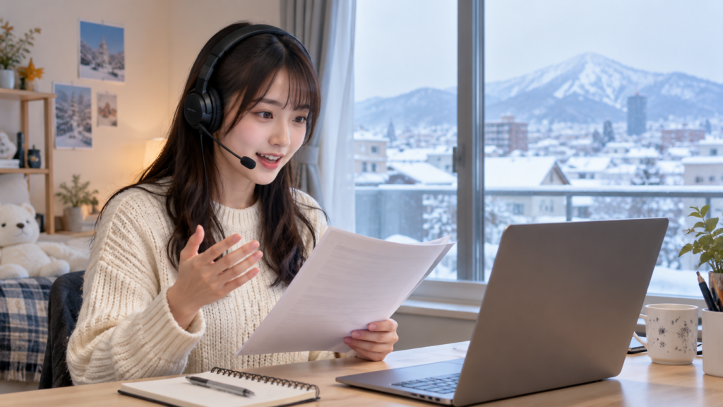 雪の見える自宅でオンライン声優レッスンを受ける日本人女性
