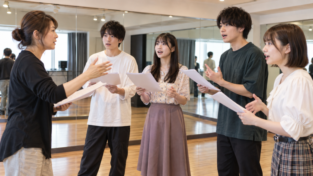 講師の指導を受けながら台本で演技練習をする札幌の声優志望者たち