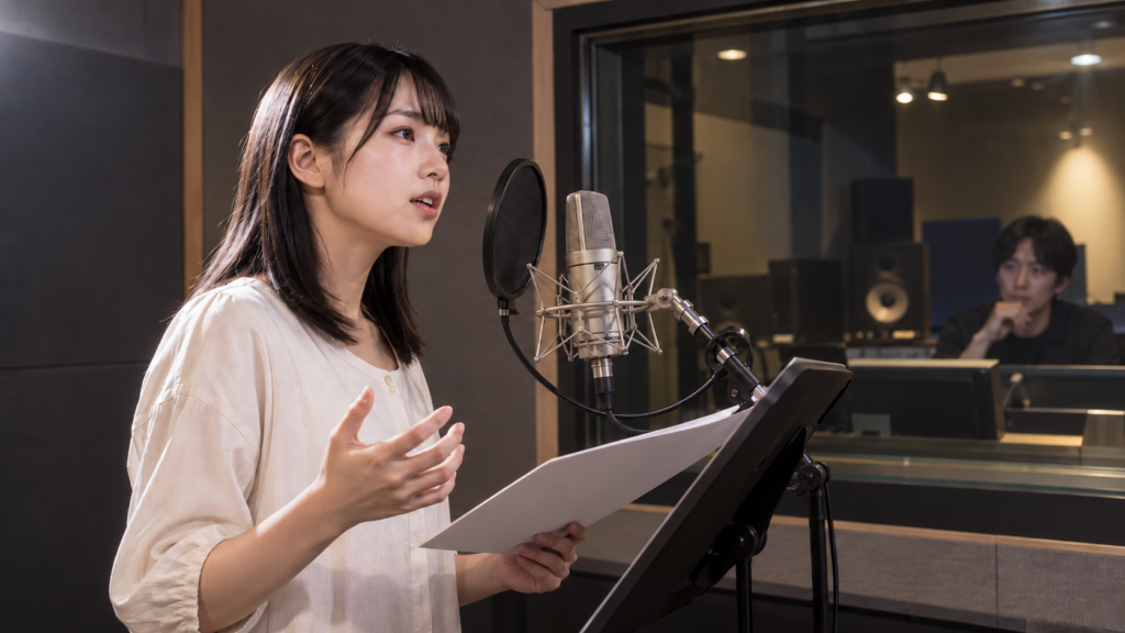 録音ブースで台本を持ち、マイクに向かって演技する日本人女性