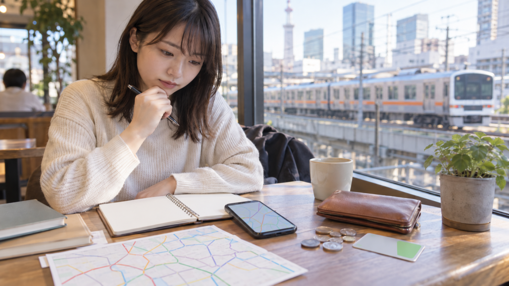 電車が見えるカフェで、通学費や学費を考えながら計画を立てる日本人女性