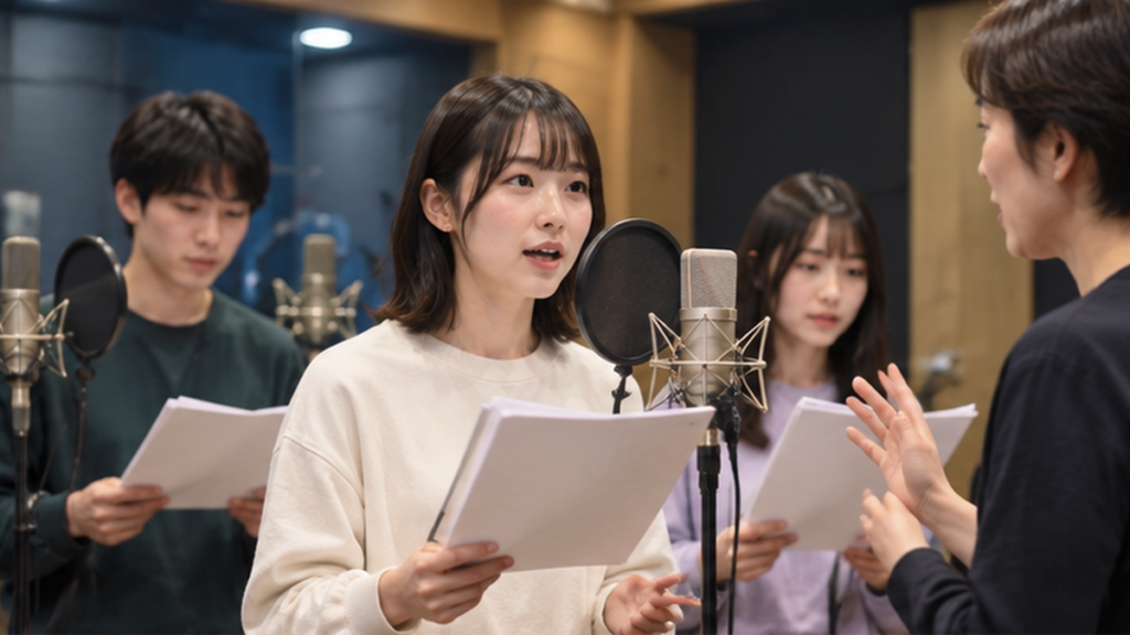 声優養成所のスタジオで講師の演技指導を受ける日本人の受講生